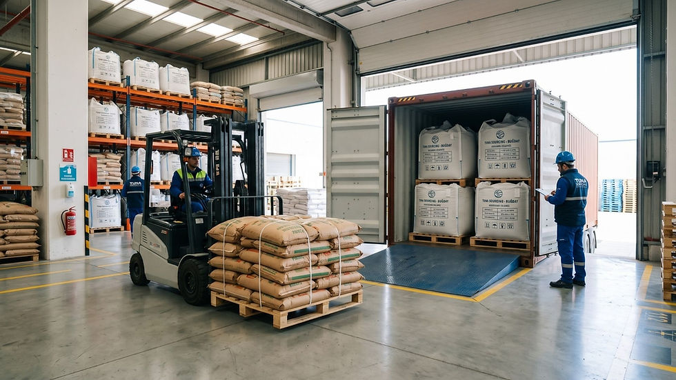 Food raw material supply chain operations with bulk agricultural products prepared for export by Tuna Sourcing.