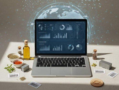 Digital transformation in global sourcing visual featuring data analytics, Mediterranean products, and sustainable trade elements under Tuna Project.