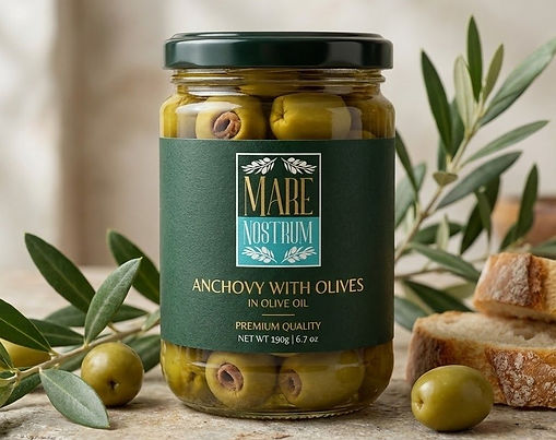 Anchovy fillets with olives preserved in olive oil in Mare Nostrum glass jar