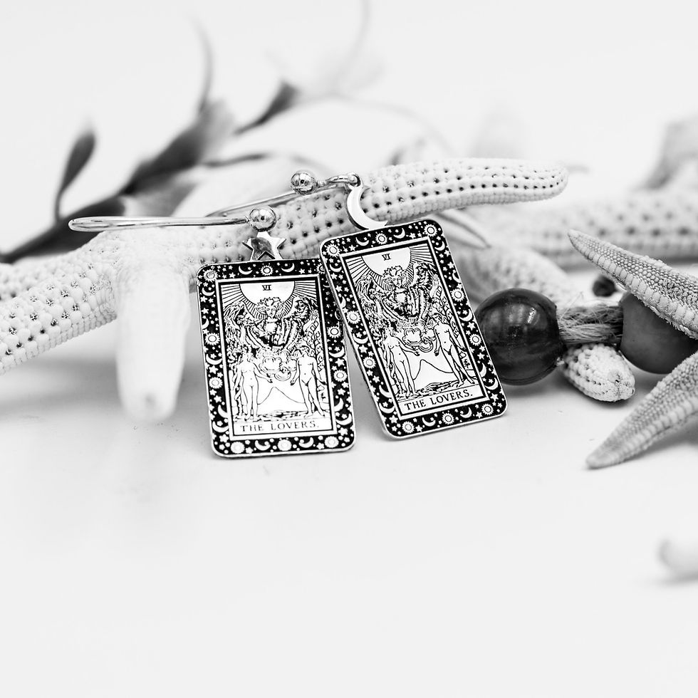 Thumbnail: The Lovers Tarot Card Engraved 925 Sterling Silver Earrings