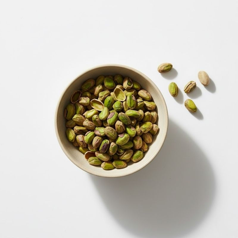 Bulk pistachios with green kernels in a beige ceramic bowl for confectionery and premium snack sourcing.