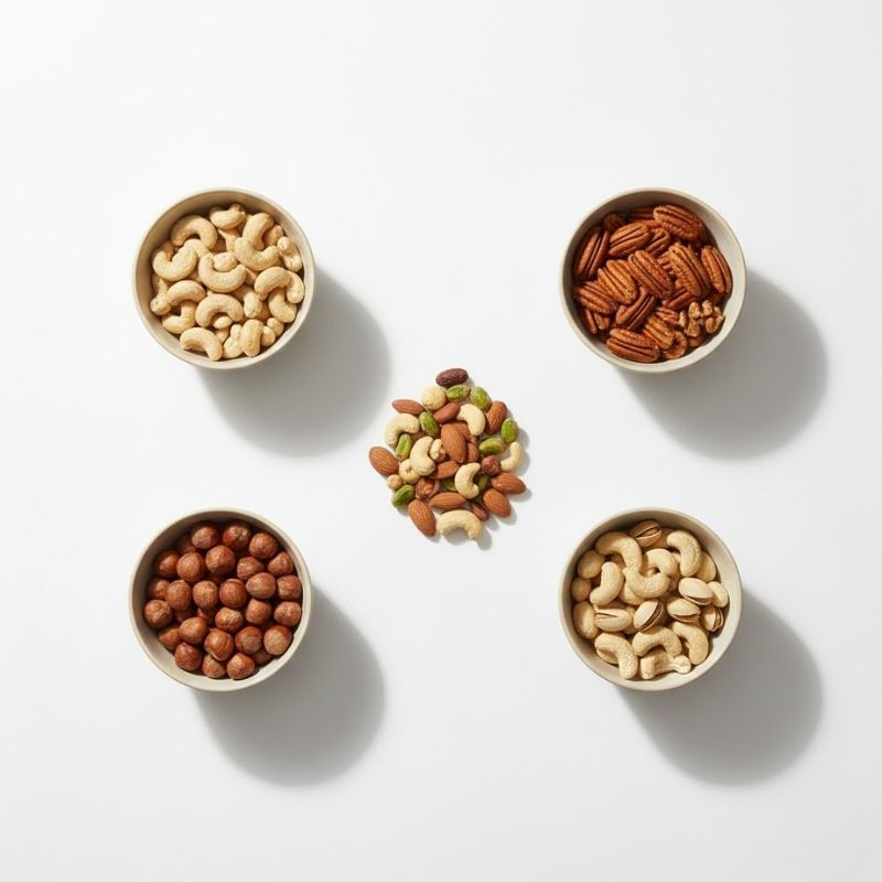 Wholesale mixed nuts assortment displayed in beige ceramic bowls for holiday retail and export planning.