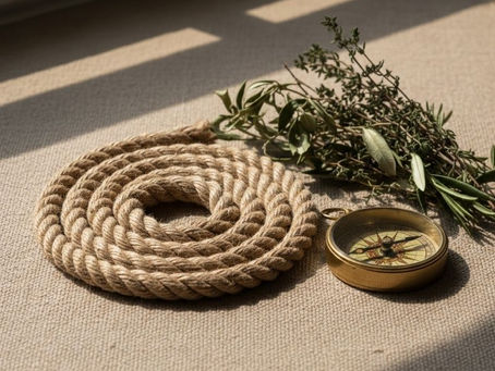 Resilience in trade visual showing rope, compass, and Mediterranean herbs symbolizing strength, direction, and sustainability under Tuna Project.