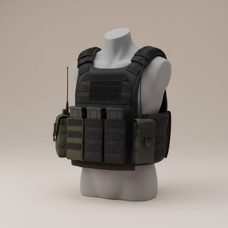 Overt ballistic vest and plate carrier on mannequin with modular pouches.
