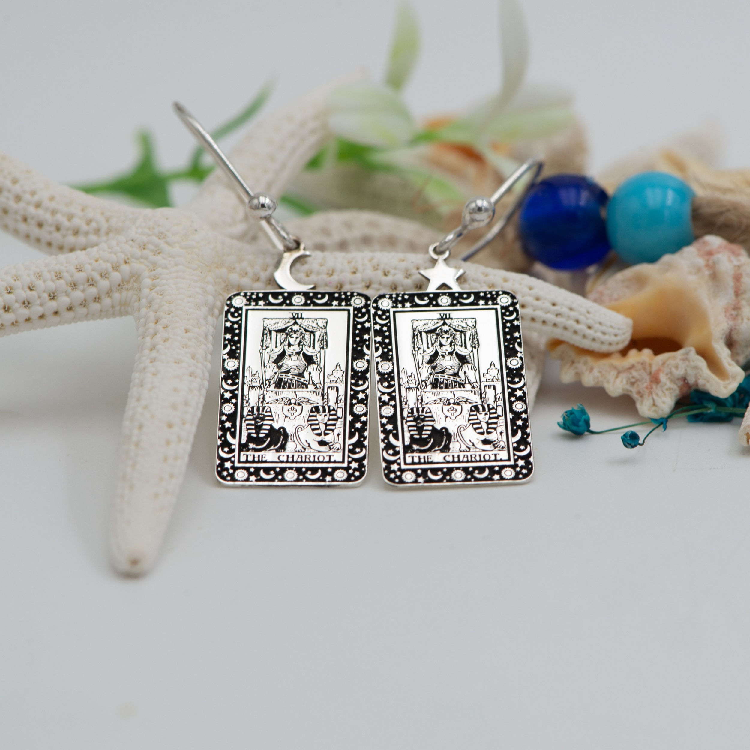 The Chariot Tarot Card Engraved 925 Sterling Silver Earrings
