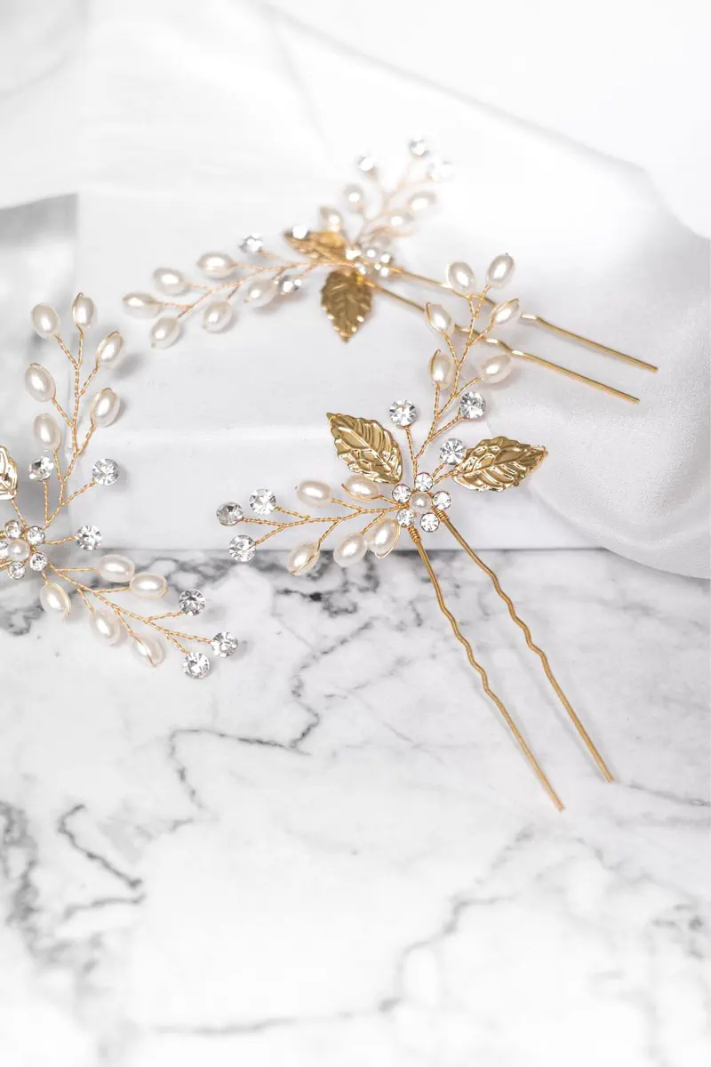 Haarnadeln Braut Perlen Gold Set