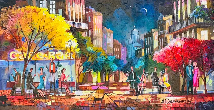 Nighttime café scene in a glowing city square with couples and trees, by Alexander Grinshpun