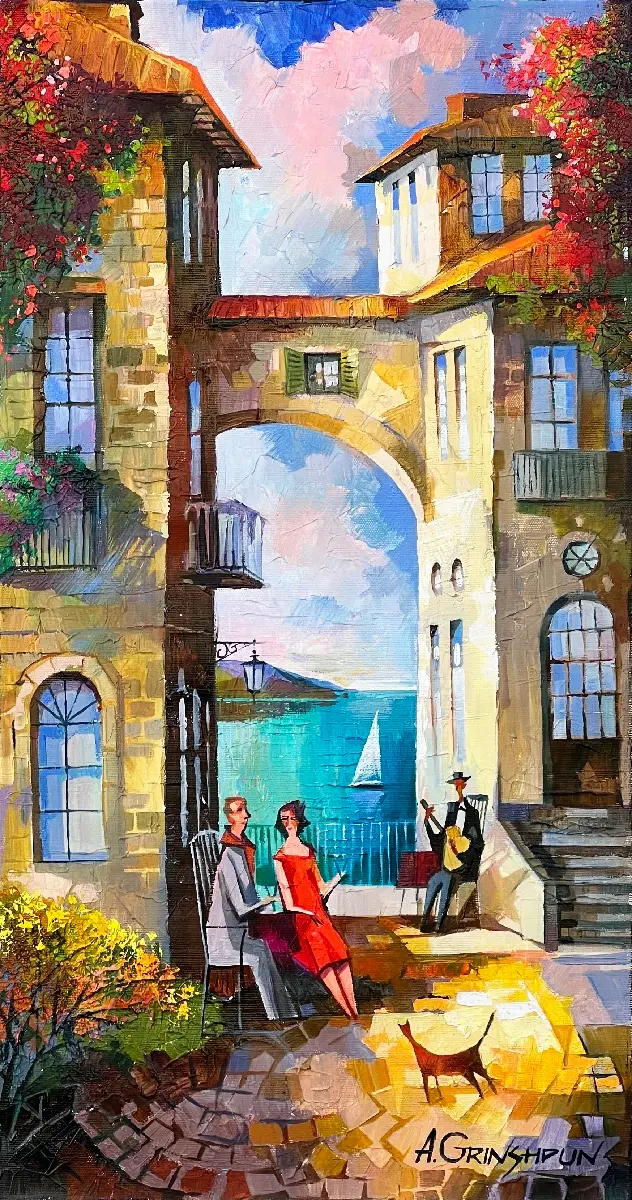 Couple seated by the sea under archways, musician playing nearby, and cat walking in sunlight.
