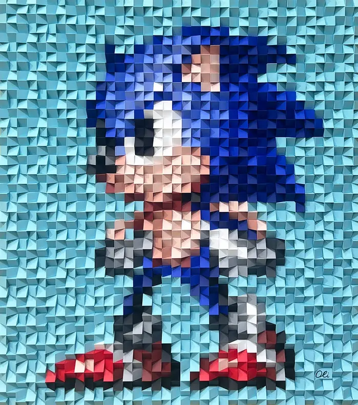 3D wall art of Sonic the Hedgehog in a signature pose, created with painted cubes.