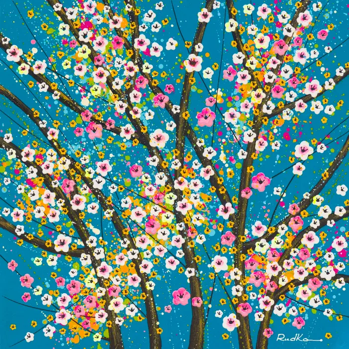  Cherry blossom branches with pink, white, and yellow flowers on a deep blue background.