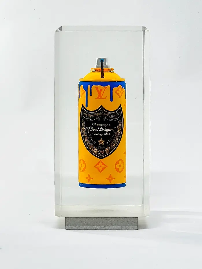 Dr Pop's signature resin-encased spraycan, featuring an artwork inspired by Louis Vuitton and Dom Perignon champagne