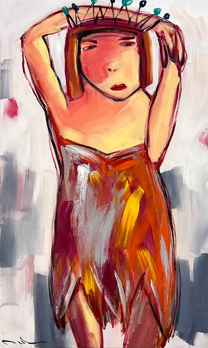 Expressive painting: figure with pin crown, raised arms, vibrant colors, grey background.