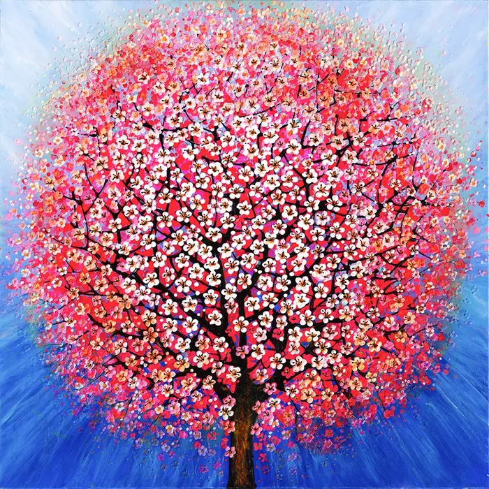 Blossom filled tree; white, red, and pink. Sprinkled paint. Intense joy.