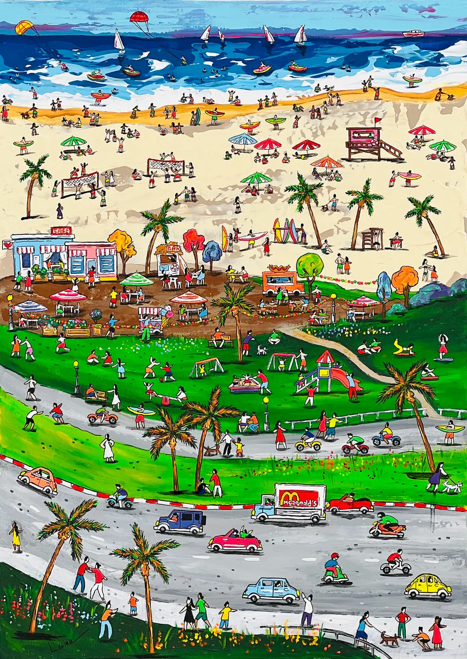 Busy beach and park scene with playground, surfers, cars and palm trees by Liza Levina