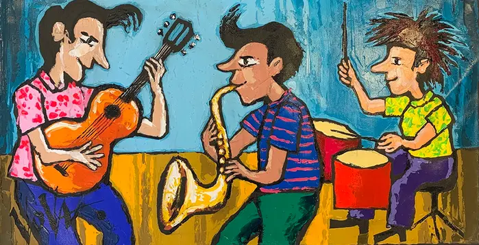 "Trio" captures the vibrant energy of a jazz session with animated forms and bold colors, celebrating musical collaboration.