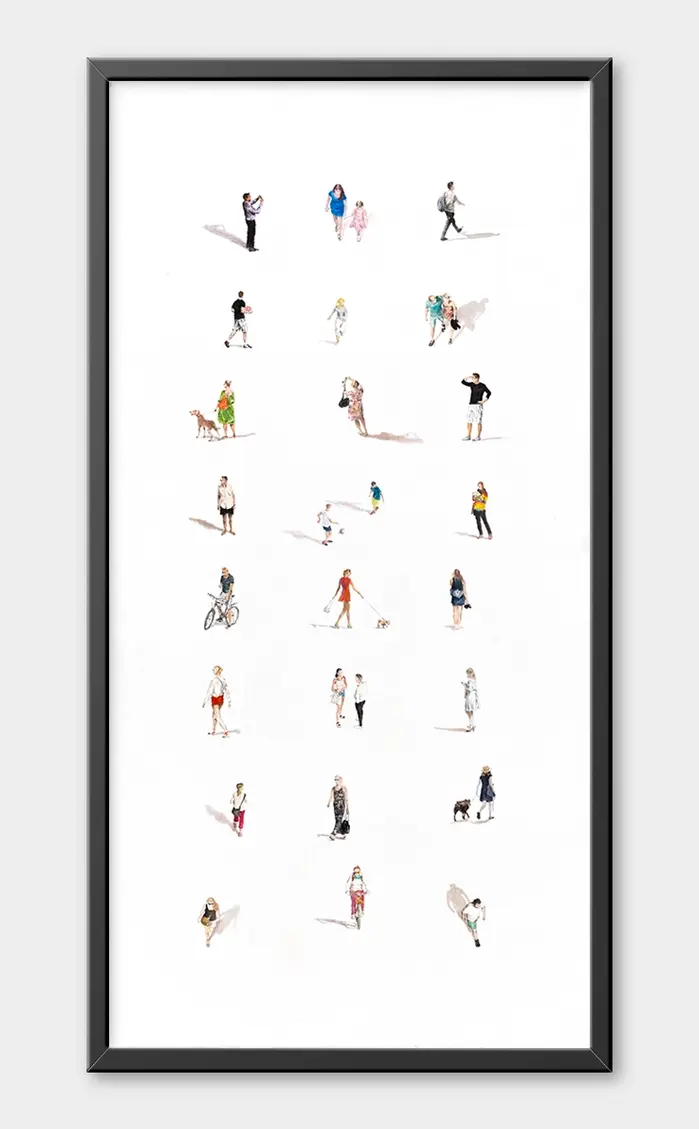 Vertical composition of small figures evoking a calm afternoon