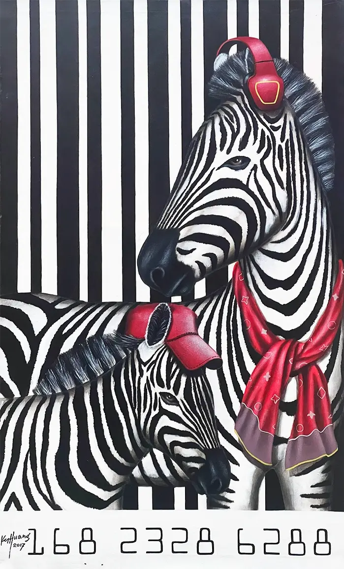 A painting of a zebra family with human accessories, set against a barcode backdrop, blending nature and modern society.