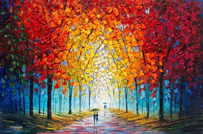 Two figures walk beneath a bright orange forest, textural impasto brush strokes.