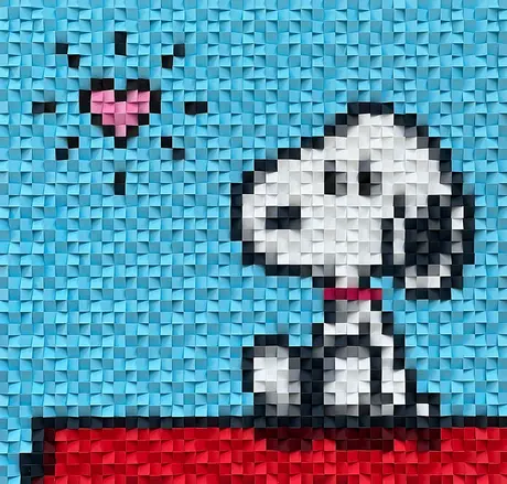 3D cube art of Snoopy on a red doghouse with a pink heart by artist OLI.