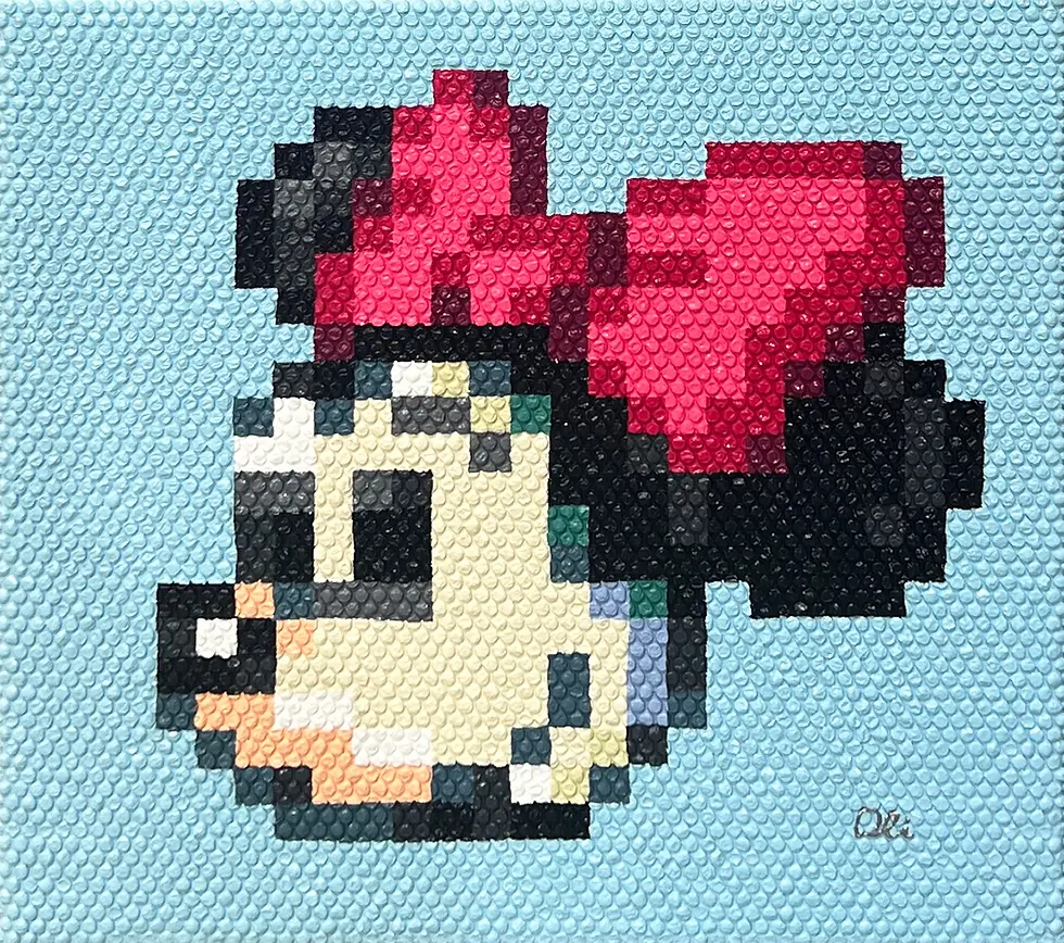 Pixel art of Minnie Mouse with a red bow, painted on light blue bubble wrap.