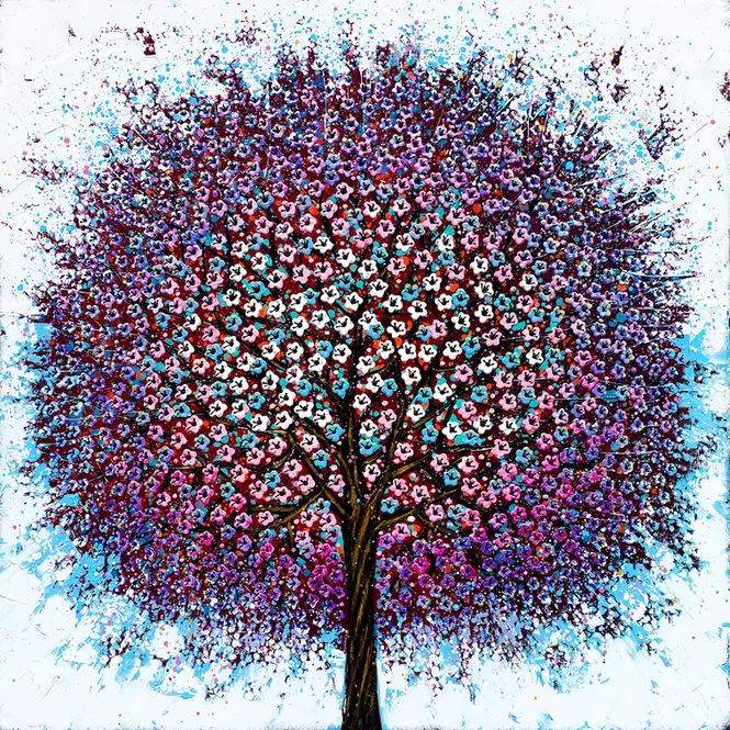 Geometric tree, circular leaves, pink, purple, blue hues. Spiritual. Mandala.