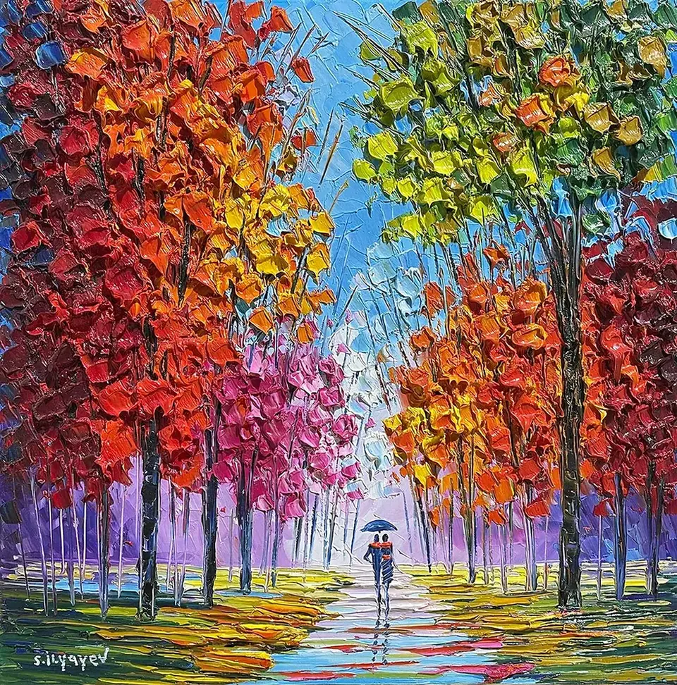 Vibrant rainbow-colored trees, path with textural strokes