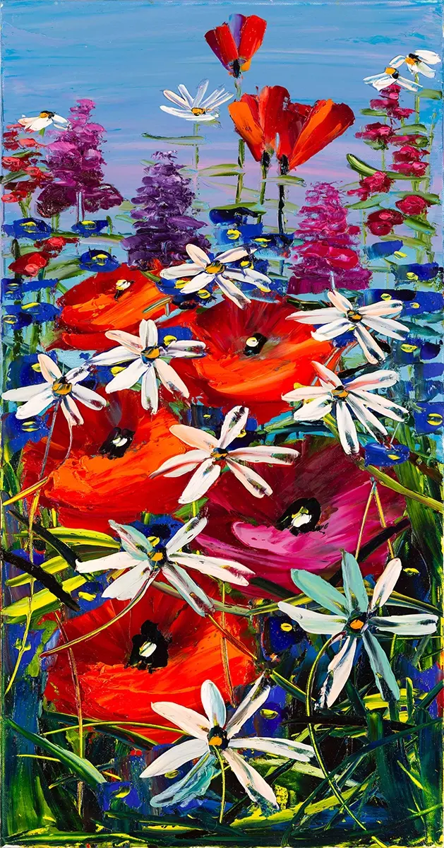 Impasto flower painting with red poppies and daisies.