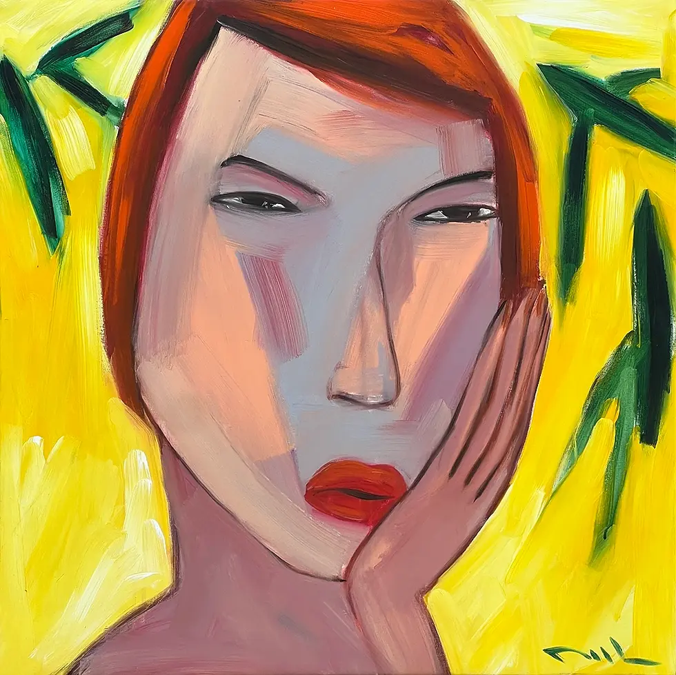 Bold painting by Phan Thanh Minh, a pensive woman against a bright yellow.