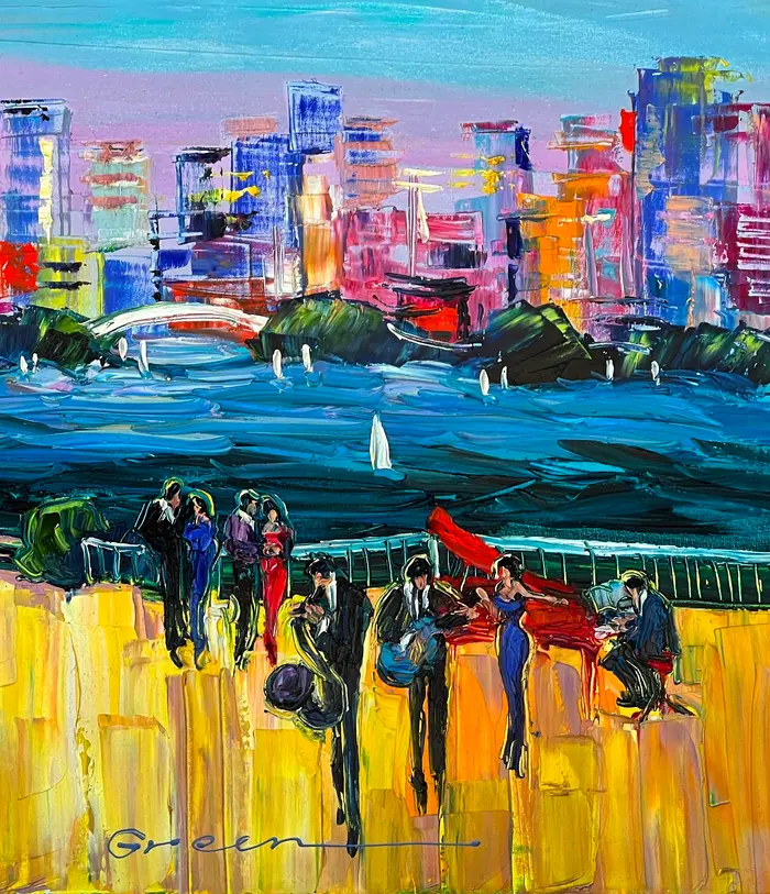 Vibrant cityscape painting with waterfront view, jazz musicians, and sailboats. Bold colors and expressive brushstrokes capture movement, music, and urban energy.