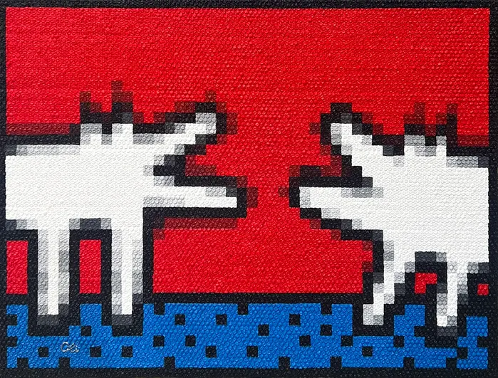 Homage to Keith Haring's barking dogs, painted on a red and blue bubble wrap canvas.