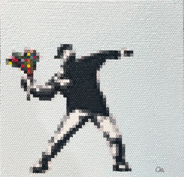 The Flower Thrower painted on bubble wrap, creating a pixelated effect.