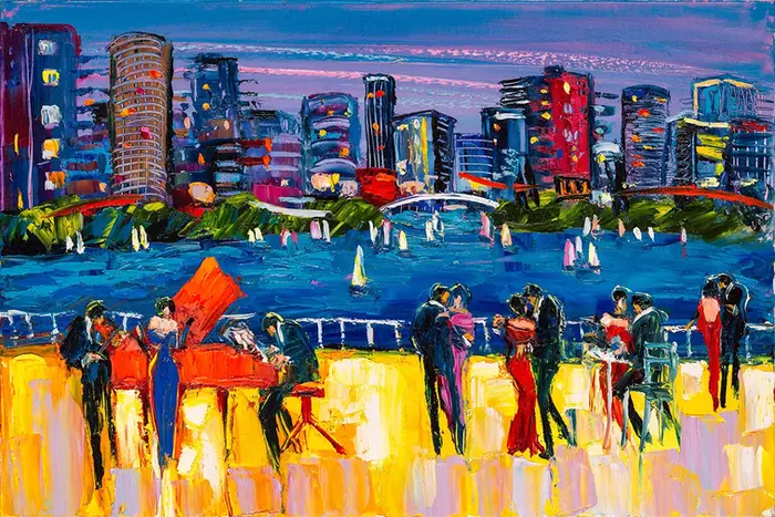Impasto painting of a city skyline and dancing couples.