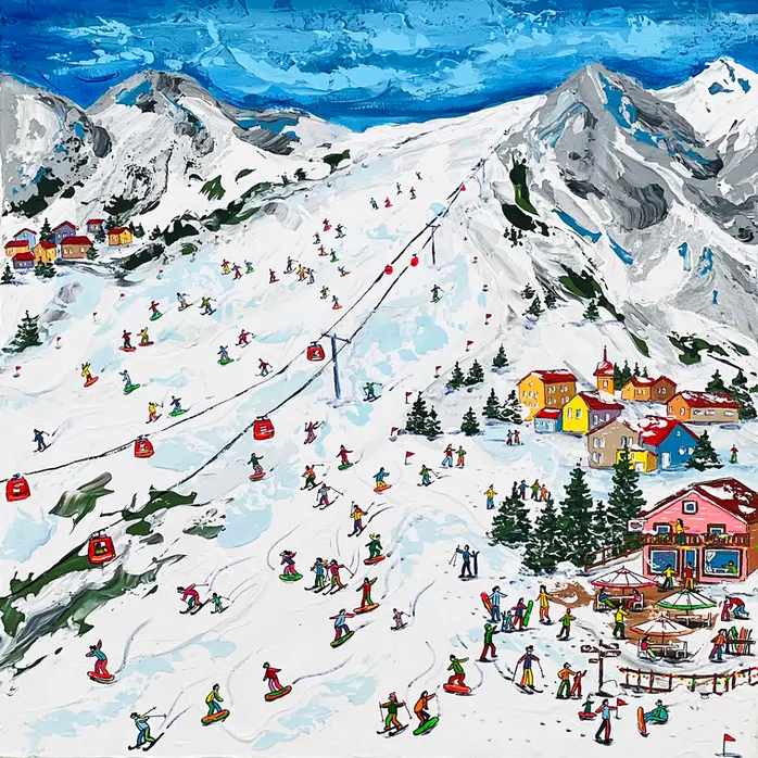 Colorful ski slope scene with skiers, snowboarders, cable cars and snowy village by Liza Levina
