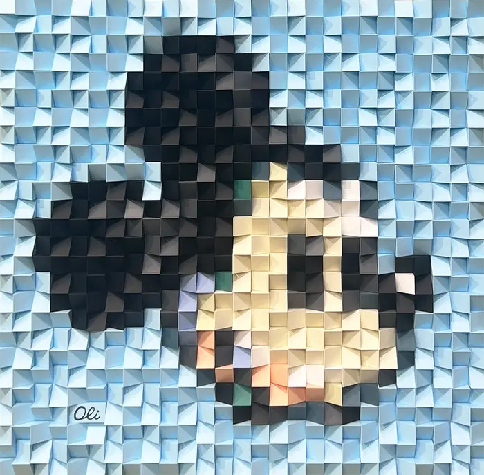 3D wall art showing a close-up of a cartoon mouse's face in a cubic style.
