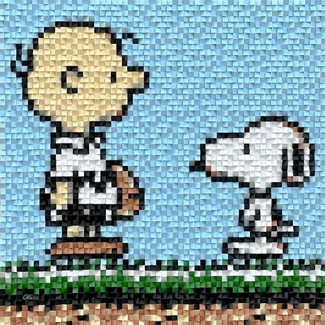 3D cube art of Charlie Brown and Snoopy in a field by artist OLI.