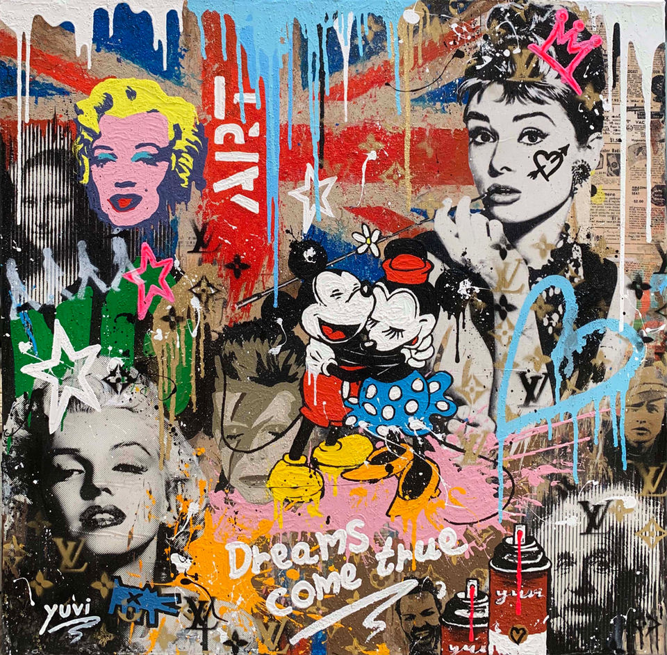 Pop art artwork featuring Marilyn, Audrey, Mickey & Minnie