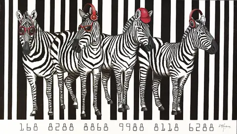 Ky Huang’sdepicts four zebras with unique human accessories, creating a dynamic and playful composition.