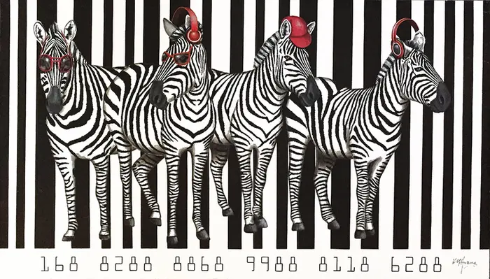 Ky Huang’sdepicts four zebras with unique human accessories, creating a dynamic and playful composition.