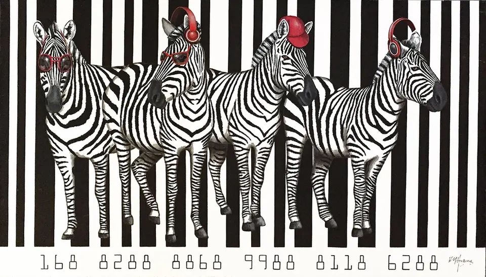 Ky Huang’sdepicts four zebras with unique human accessories, creating a dynamic and playful composition.