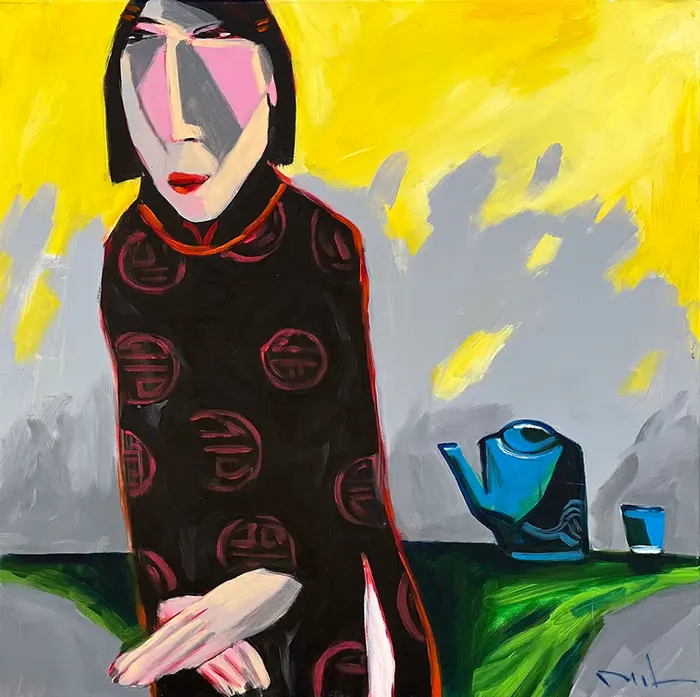 Expressive portrait of a woman in a traditional dark robe, with a blue teapot and cup.