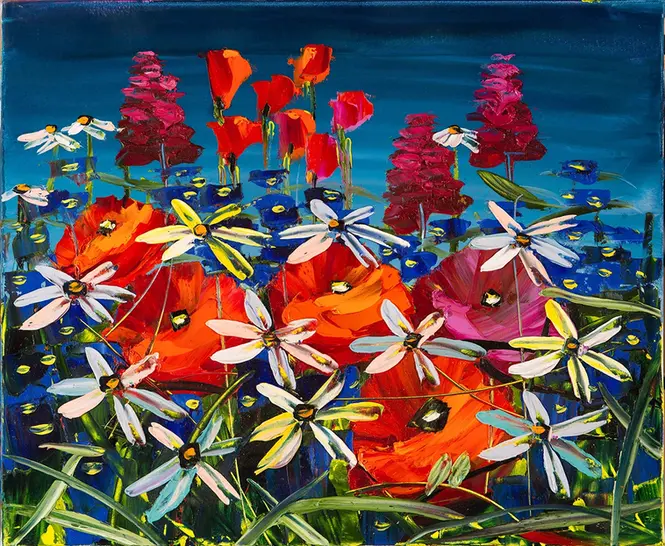 Impasto flowers against a dark blue background.