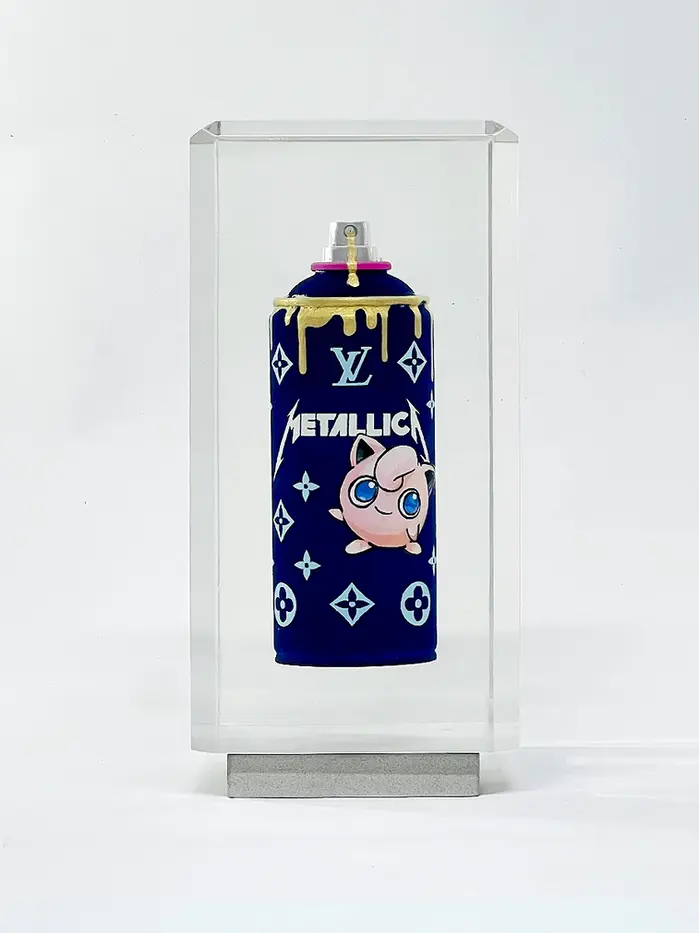 Dr Pop's signature resin-encased spraycan, featuring an artwork inspired by Pokemon, Metallica and Louis Vuitton