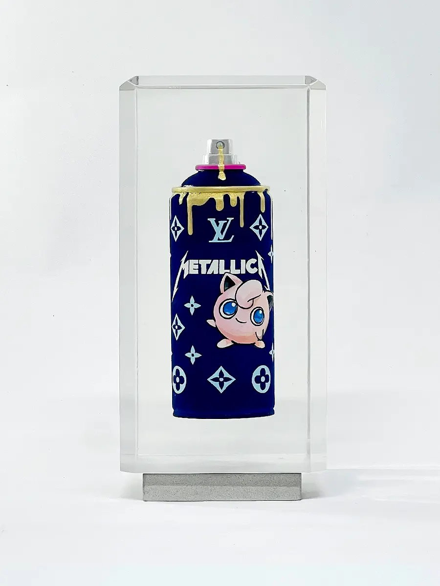 Dr Pop's signature resin-encased spraycan, featuring an artwork inspired by Pokemon, Metallica and Louis Vuitton