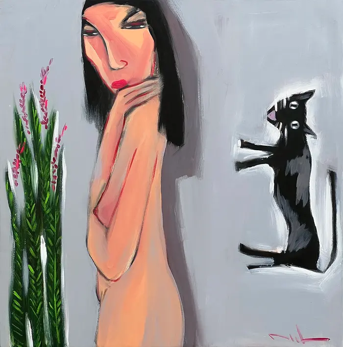 Painting by Phan Thanh Minh: Nude figure, black cat standing, pink-flowered plant.