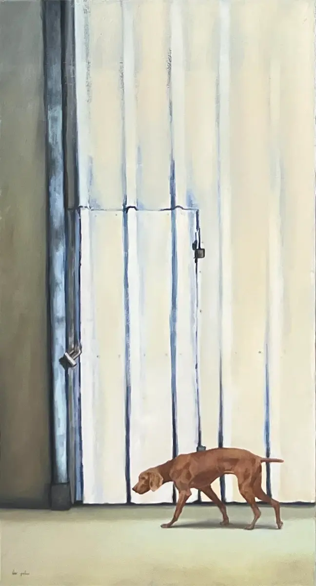 A dog stands guard before a structure, evoking themes of protection and loyalty.