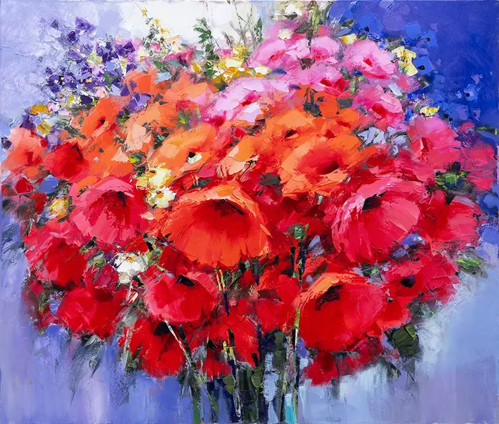  thick, red impasto strokes, hints of pink, yellow, blue. Energetic.