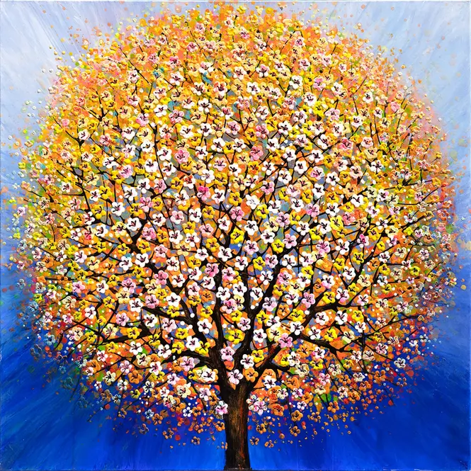 Golden tree blooms, sprinkled white and pink. Ethereal light. Radiant energy.