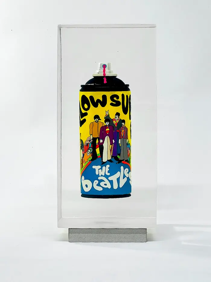 Dr Pop's signature resin-encased spraycan, featuring an artwork inspired by The Beatle's Yellow Submarine