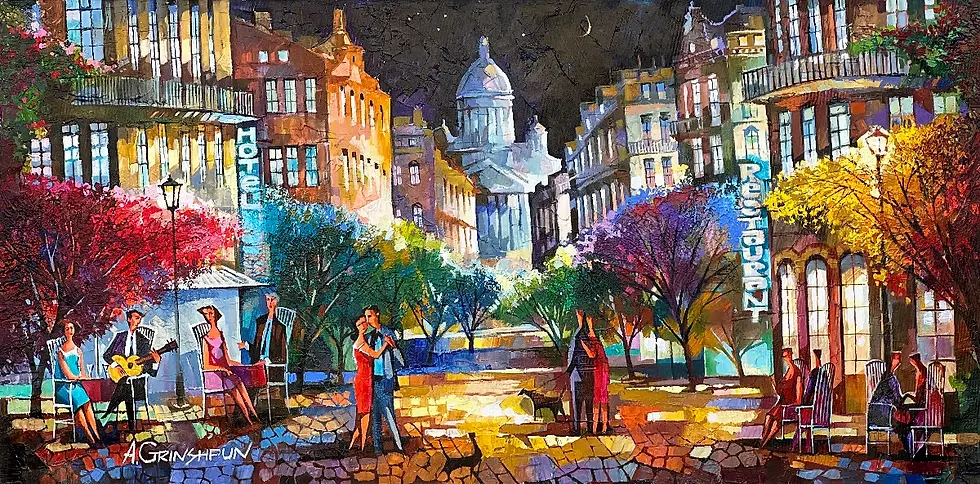 Colorful city scene with musicians, couples dancing, and people dining outdoors beneath flowering trees and illuminated buildings.