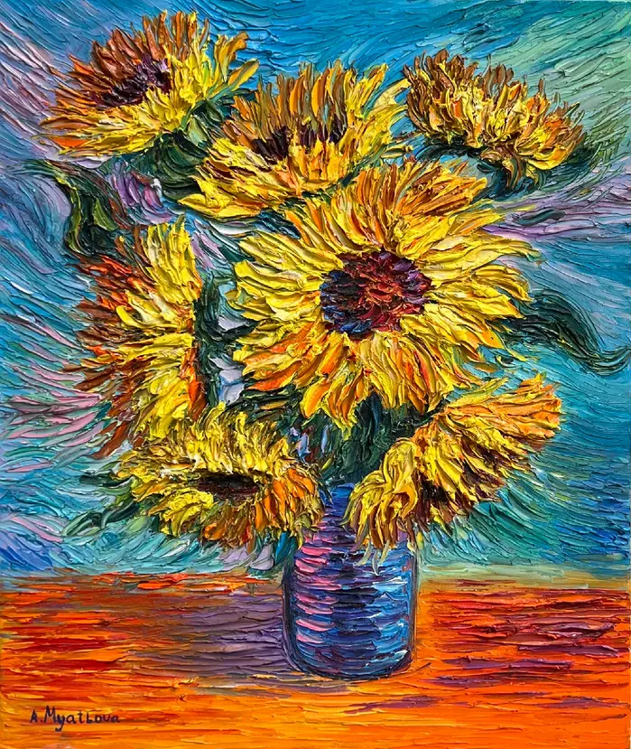Textured impasto painting of a bouquet of vibrant yellow sunflowers in a blue vase on a red-orange table